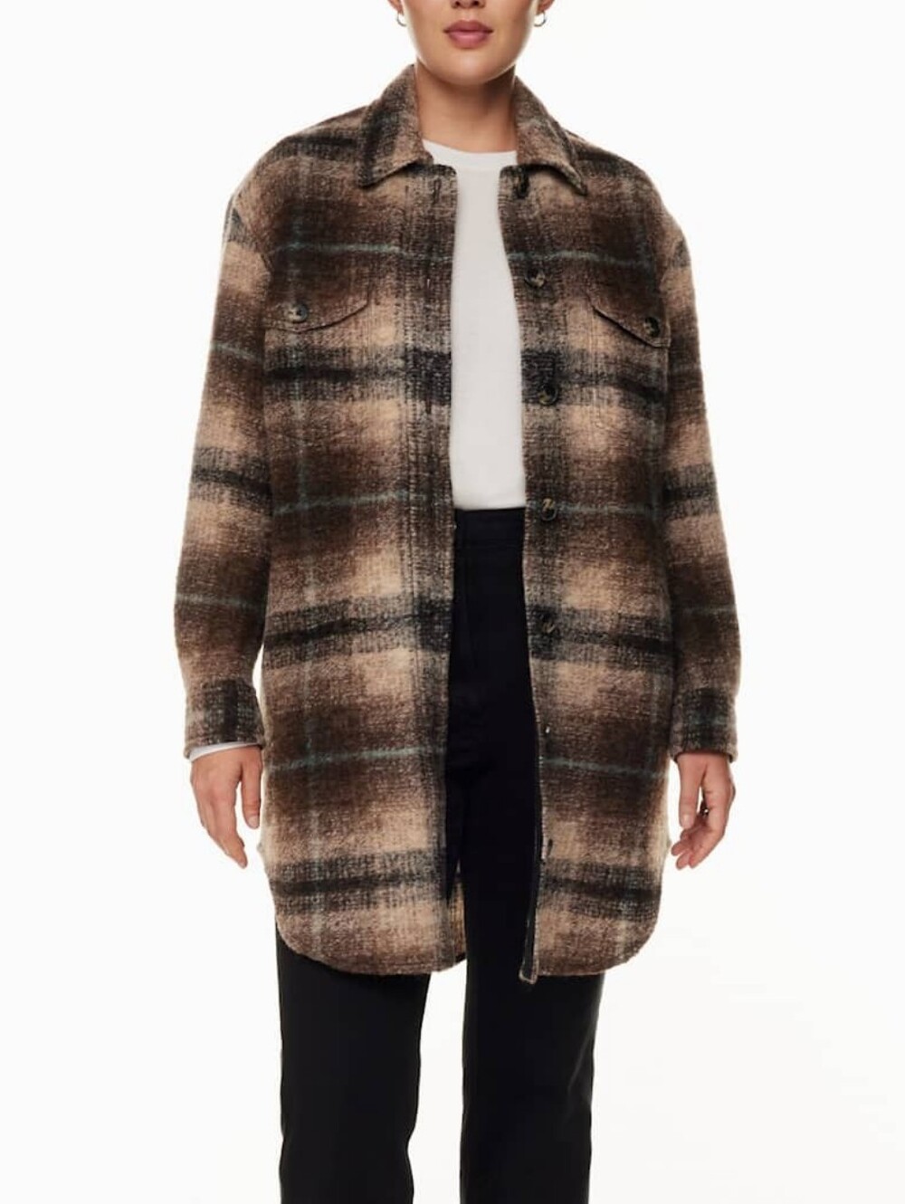 Wilfred free Aritzia The Ganna  Plaid long shirt jacket  in Brown and Cream